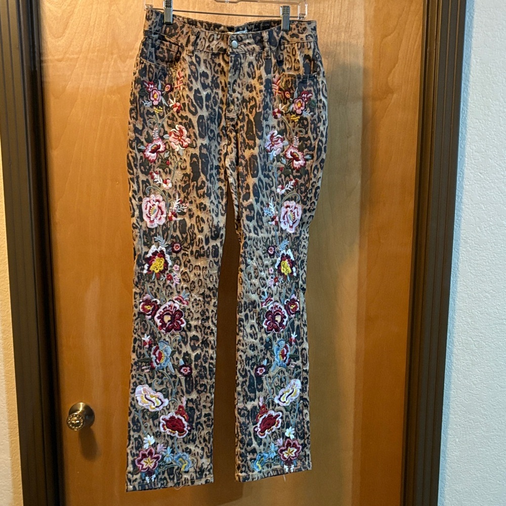 Leopard Print Embroidered Jeans; Size 10